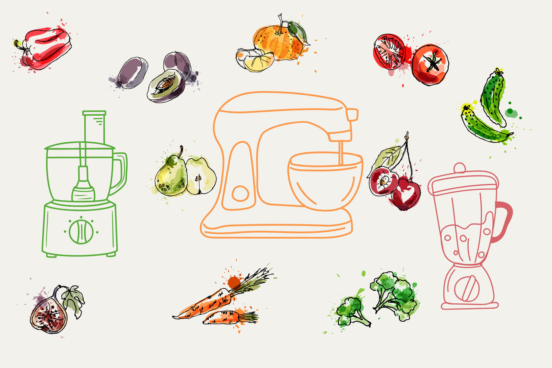 A blender surrounded by fruits and vegetables on a white background.
