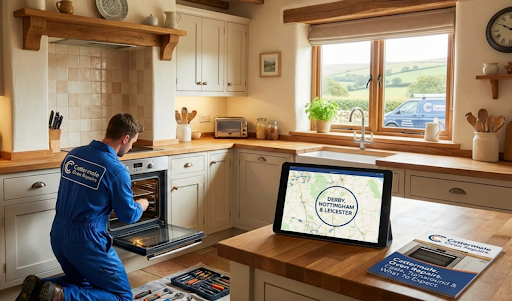 A technician in a blue uniform repairing an oven in a kitchen, a tablet showing a map, and literature with the company logo.