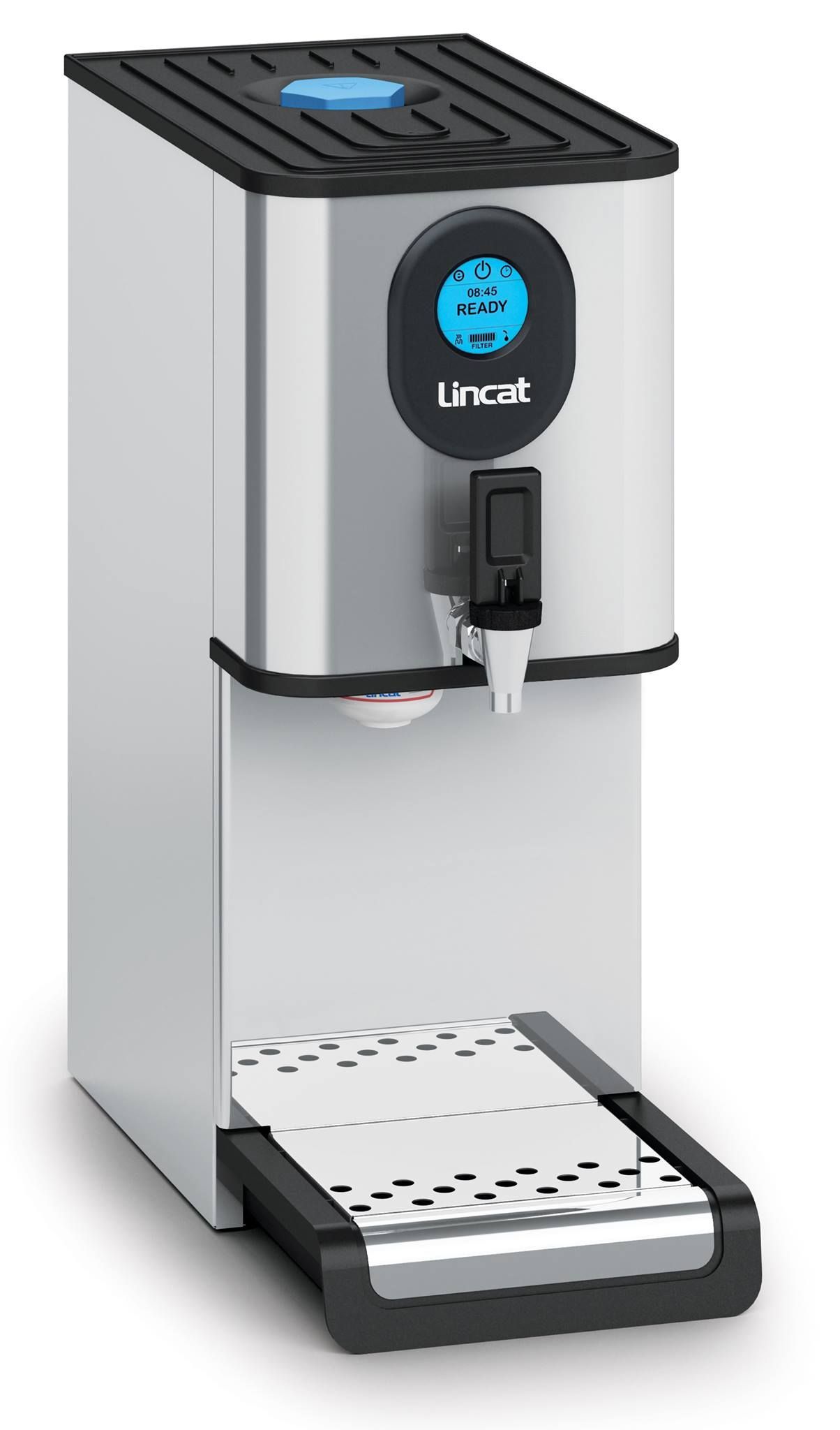 A stainless steel water dispenser with a digital display.