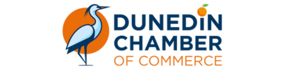 Logo for Dunedin Chamber of Commerce: heron in front of an orange circle, text in blue and orange.