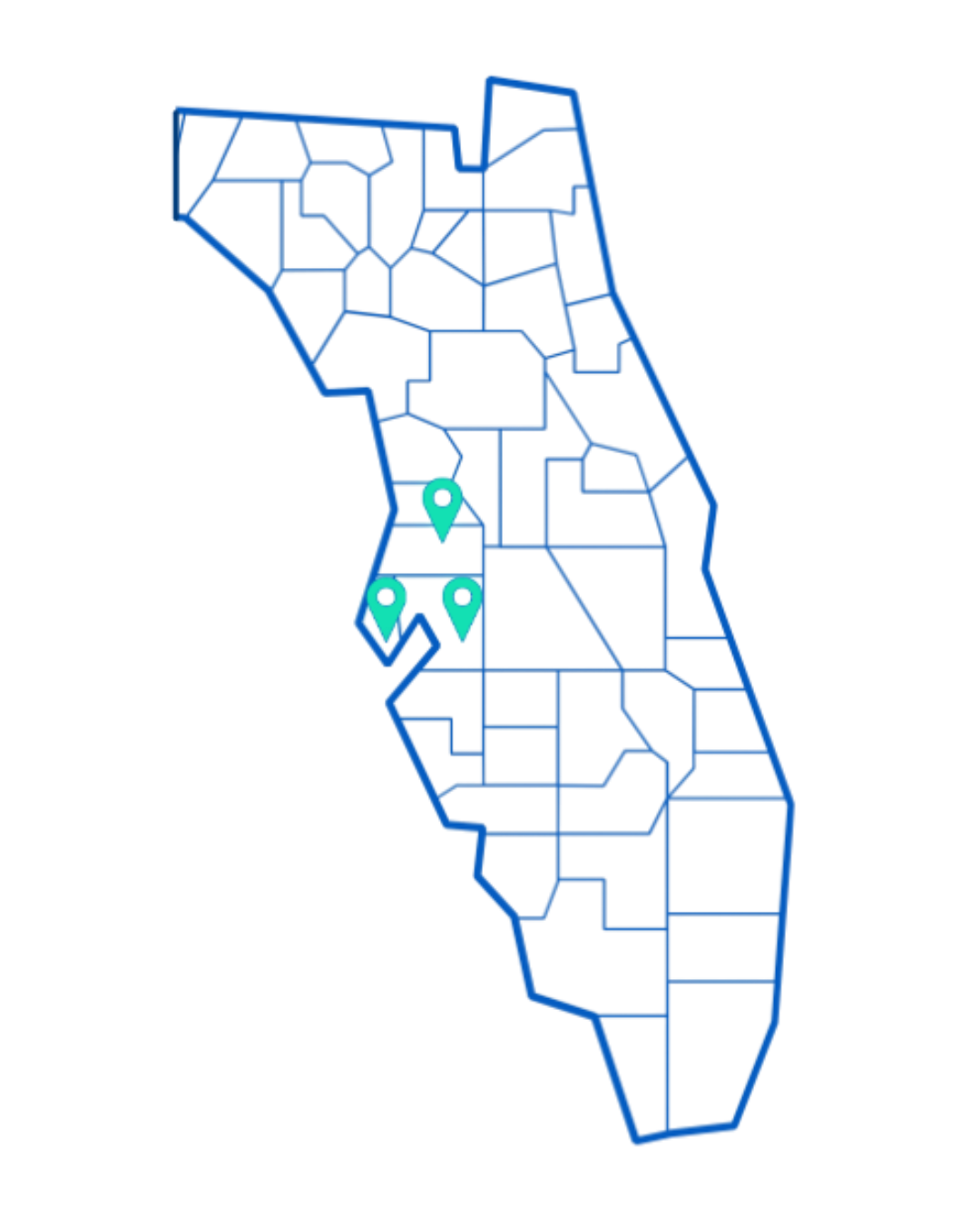 Map of Florida with three green location pins in the western part of the state.