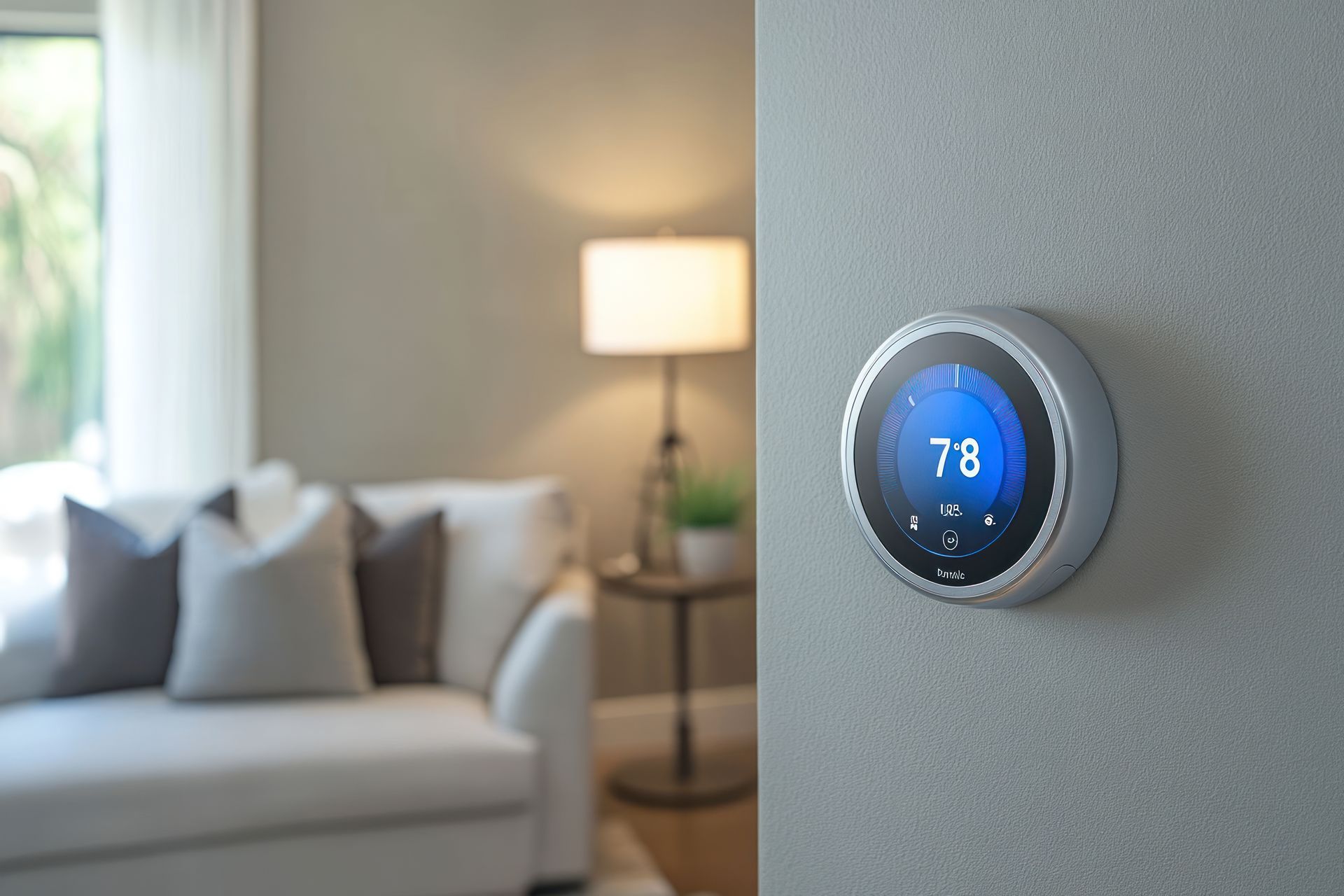 Un thermostat intelligent est accroché au mur d'un salon.