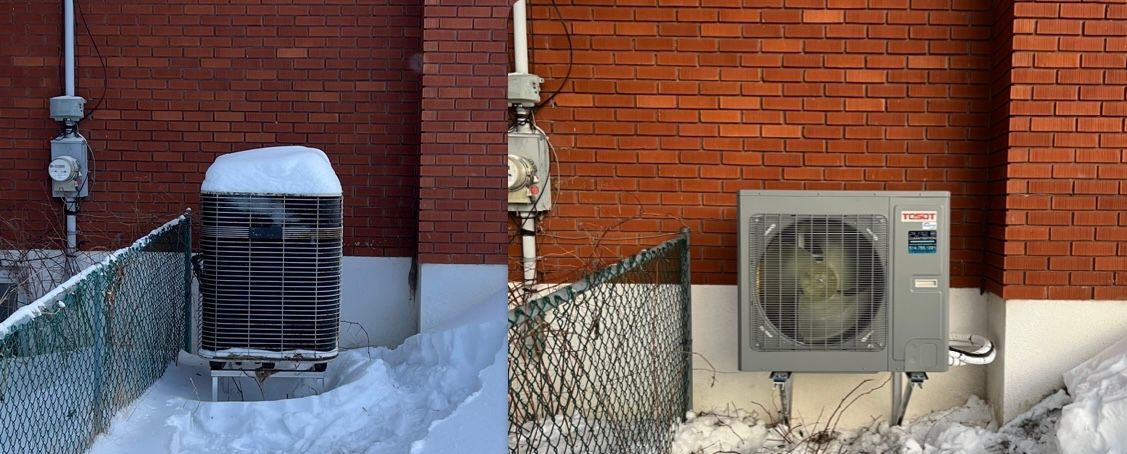 Une photo d'un mur de briques avec un ventilateur et une photo d'un ventilateur dans la neige.