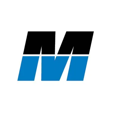 Un logo m noir et bleu sur fond blanc.