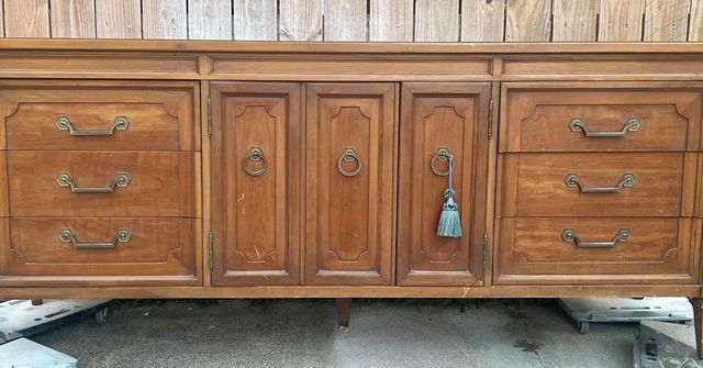 vintage thomasville 9 drawer dresser MCM 9-Drawer Walnut Wood and Wicker Style Credenza  ATTIC FANATIC Stunning Thomasville 9 Drawer French
