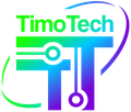 Een logo voor timo tech met een groen, blauw en paars kleurverloop.