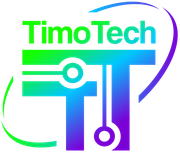 Een logo voor timo tech met een groen, blauw en paars kleurverloop.