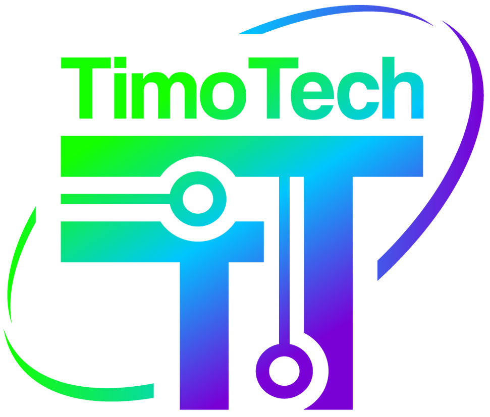 Een logo voor timo tech met een groen, blauw en paars kleurverloop.