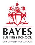 Bayes Business School logo, coat of arms with shield, a helmet, and flags