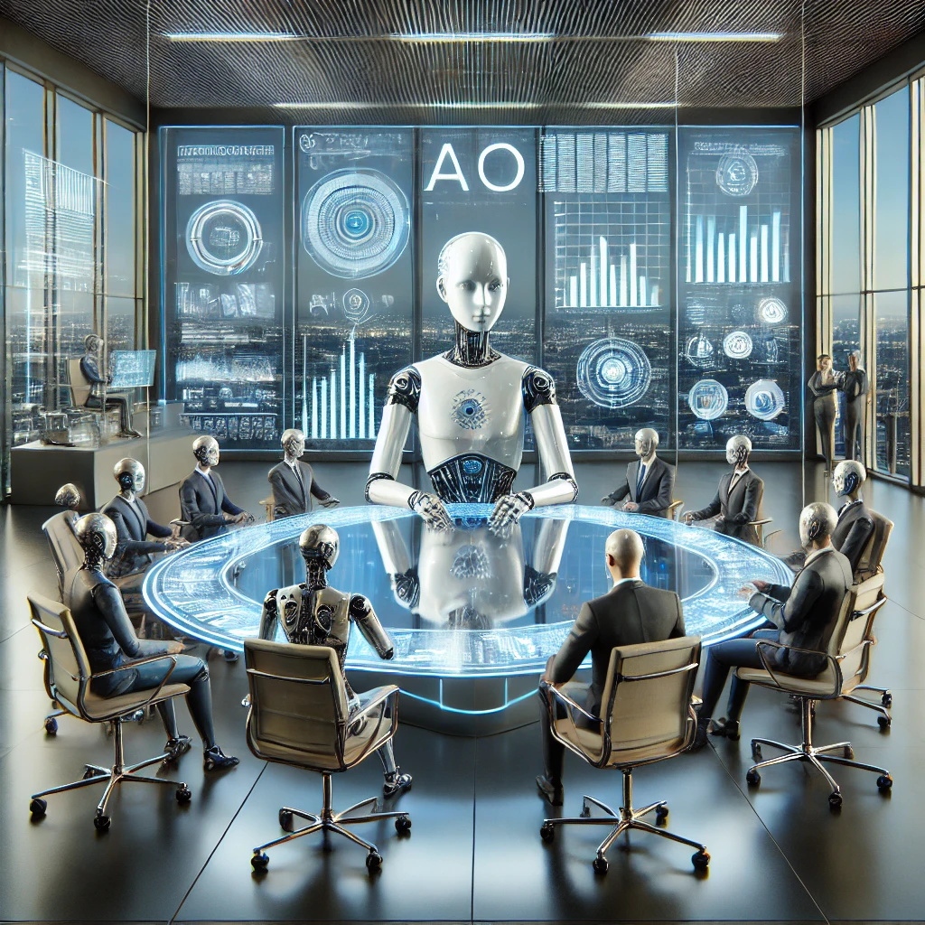 A futuristic robot CEO with a board table of robot executives