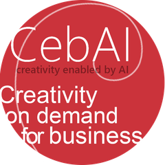 CebAI logo - red circle with writing reading 'CebAI, Creativity enabled by AI. Creativity on demand for business'