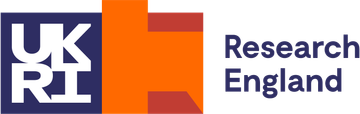 UK Research England logo, orange and purple abstract shape