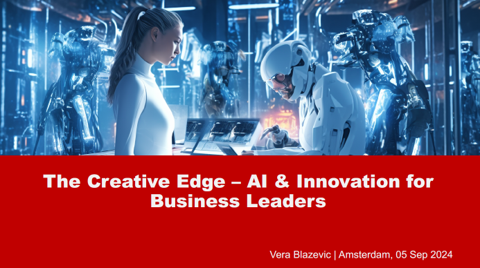 A woman and a man in a futuristic laboratory with robots assisting them. The title read: The Creative Edge - AI & Innovation for Business Leaders