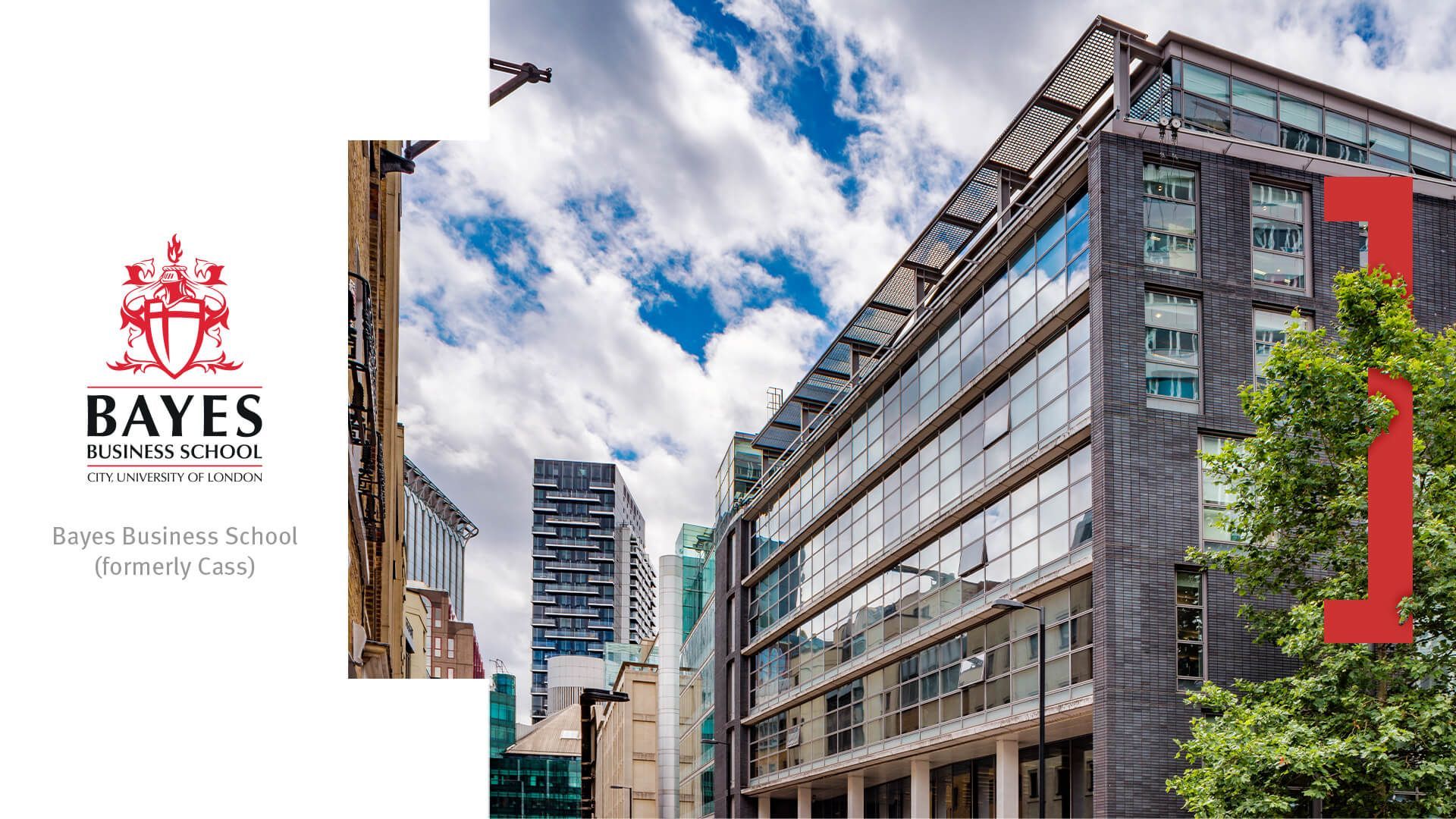 Exterior image of Bayes Business School, a 6 storey glass building in the City of London