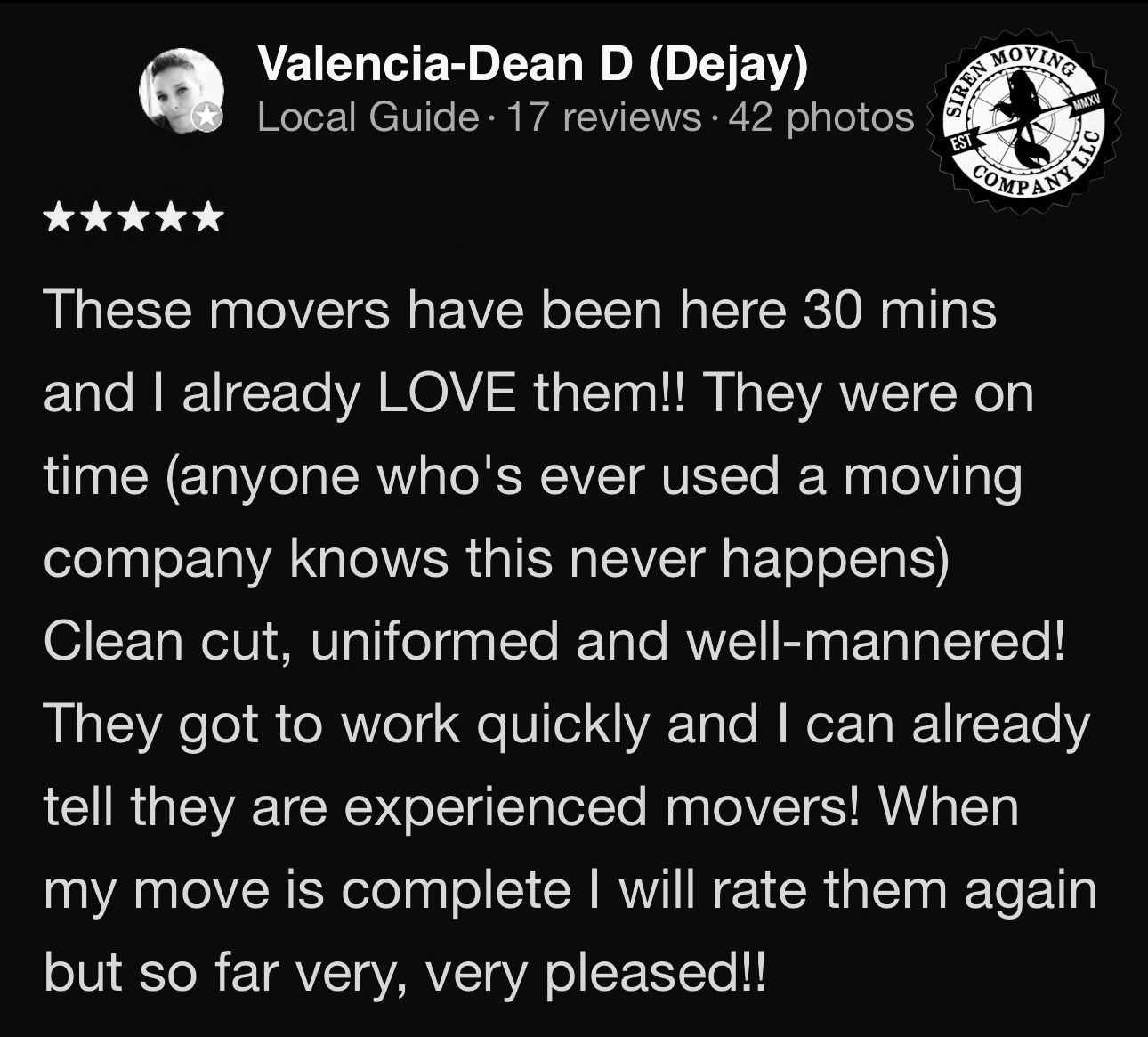 Customer review of a moving company. The review is positive, noting the movers were on time and well-mannered.