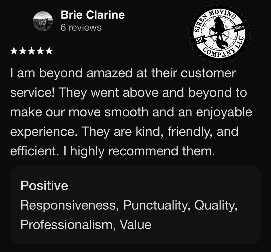 Customer review praising a moving company for smooth and enjoyable service.