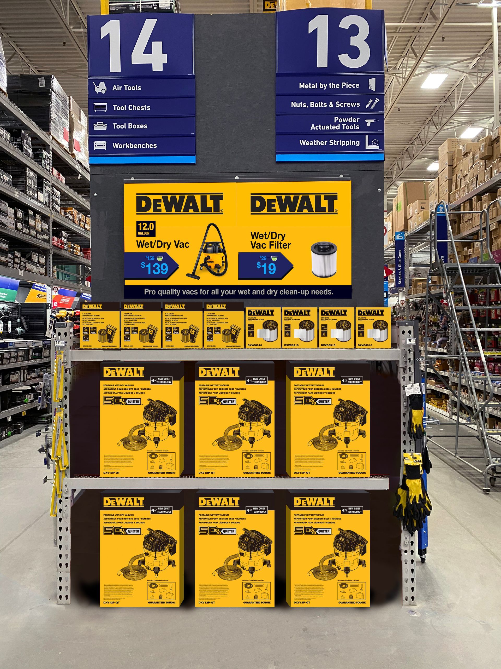 DeWalt power tools displayed on shelves in a Lowe's store aisle. Above are department signs.