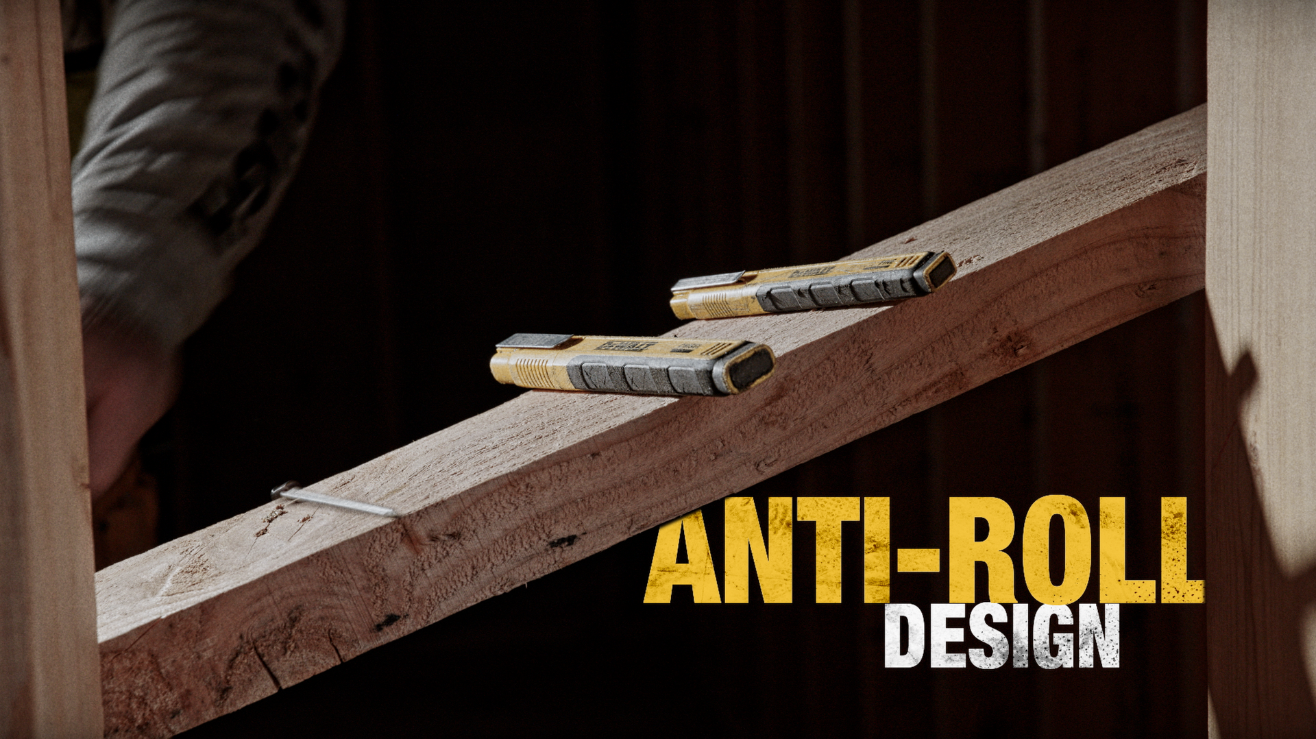 Two multi-tool knives on a wooden beam, with text