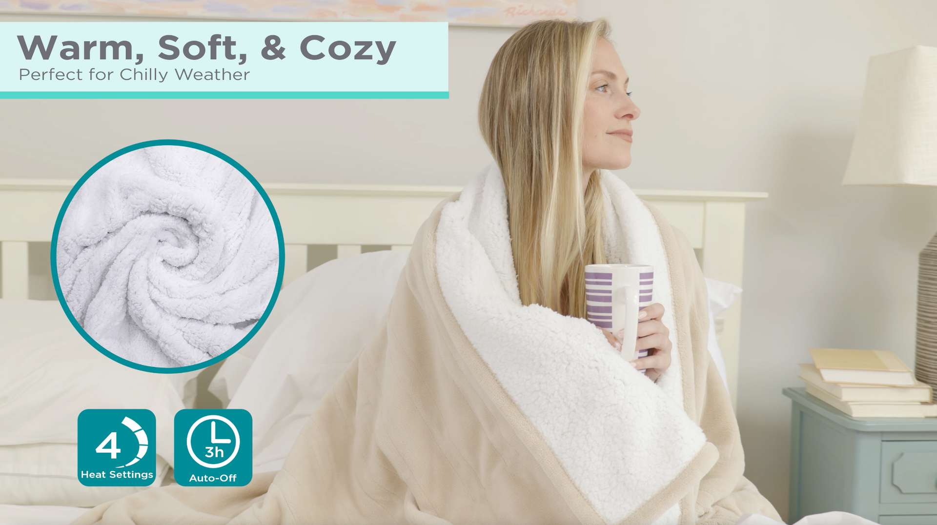 Woman wrapped in a warm, beige blanket, holding a mug, in a bedroom.