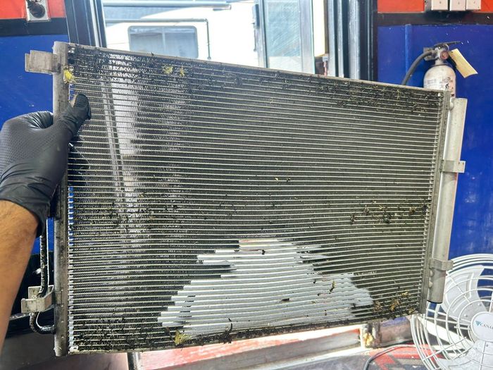 Technician Holding a Worn and Dirty Radiator | North Automotive Group