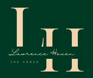 Logo for Lawrence Haven venue. Green background with tan serif letters: "LHH". Below, "Lawrence Haven" in cursive and "THE VENUE"