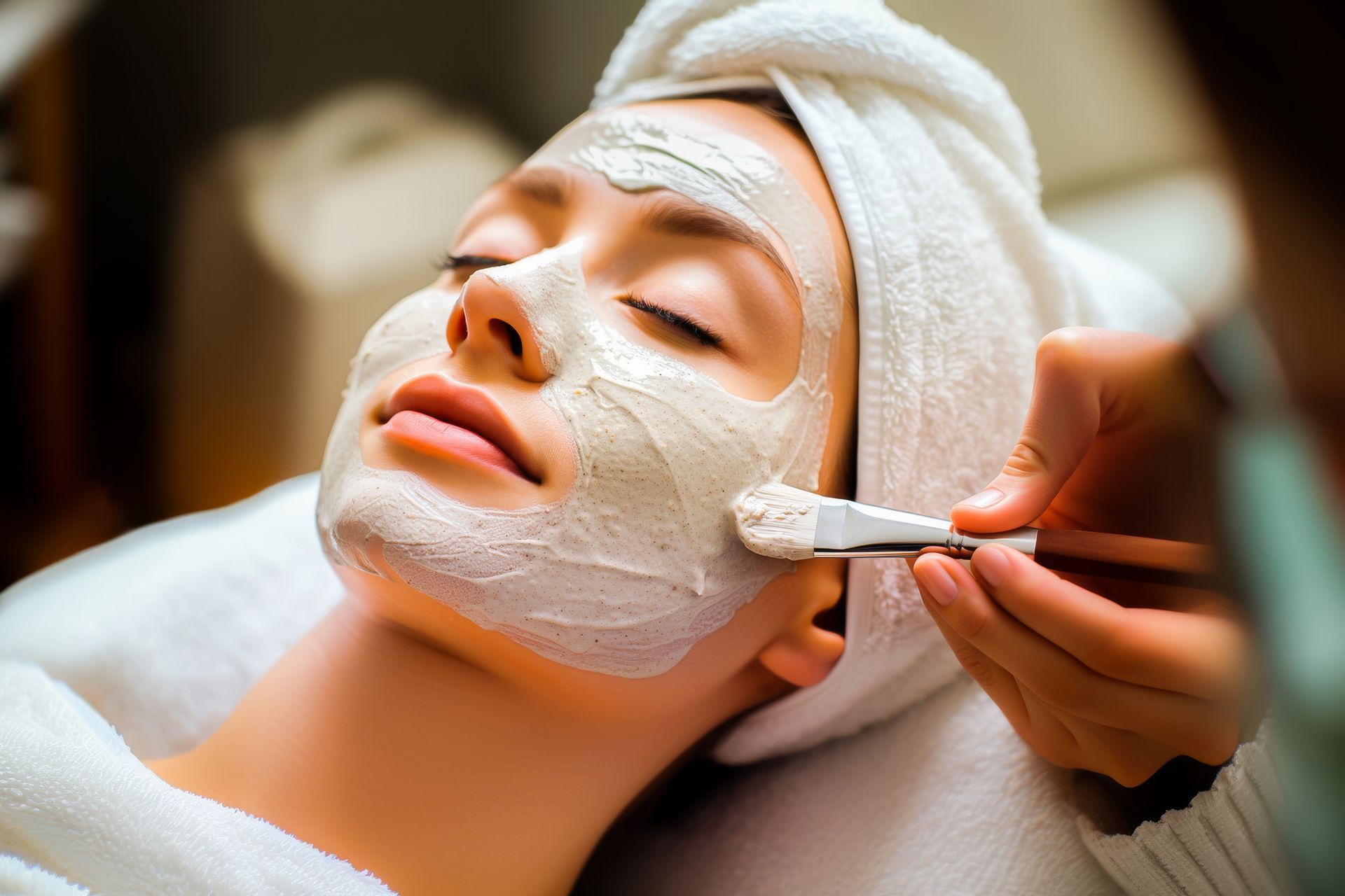A woman is getting a facial treatment at a spa.
