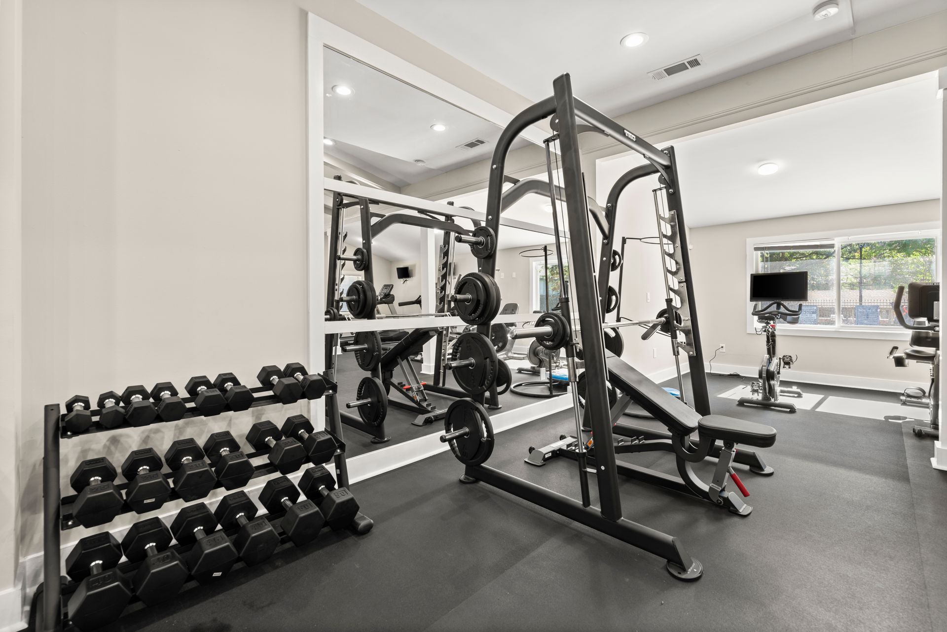 Gym with weights, bench, squat rack, and dumbbells, mirrors on the wall, and exercise equipment.