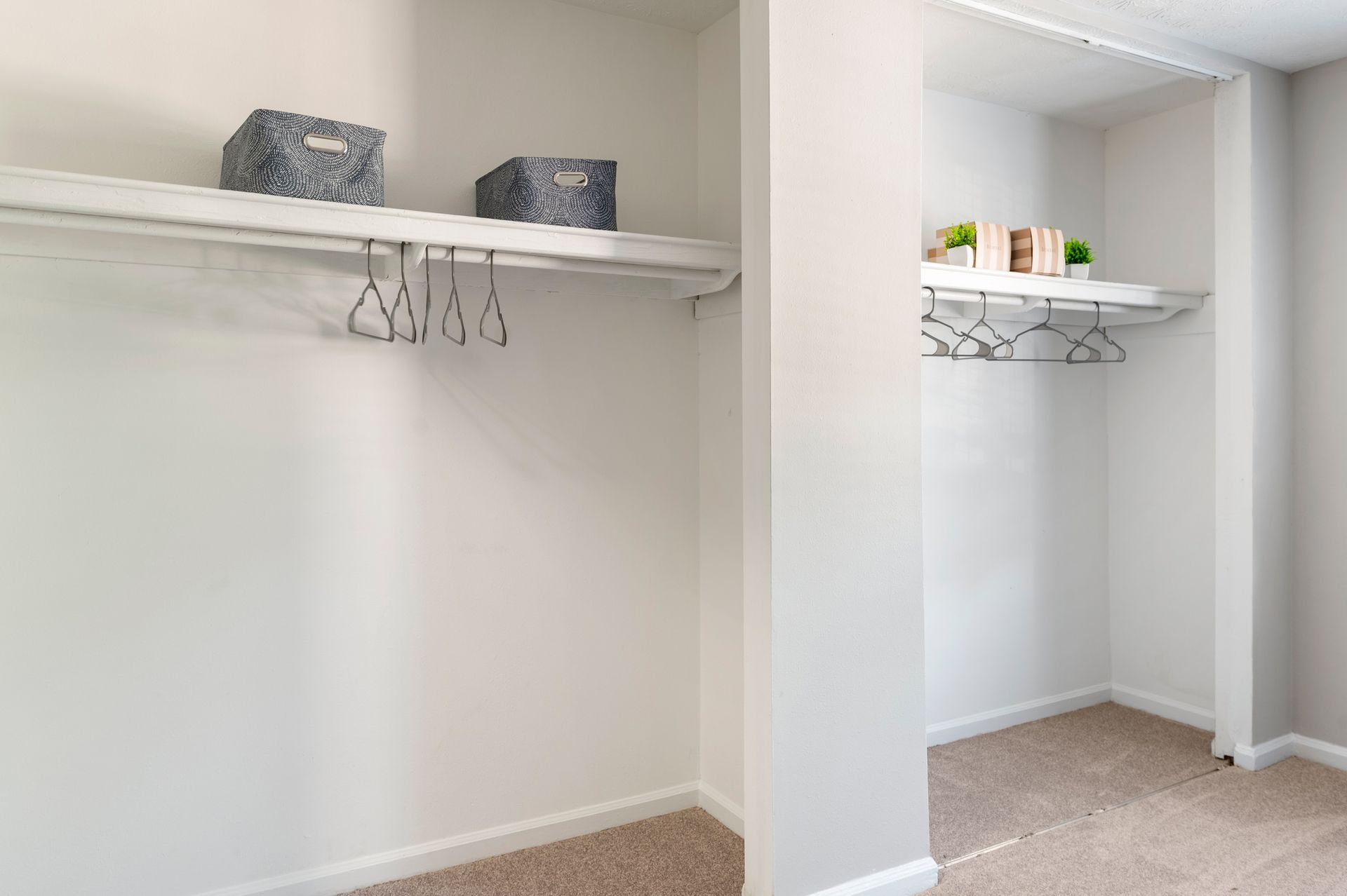 Empty white closets with shelves, hanging rods, and tan carpet at The Arbors at Smyrna, offers Smyrna townhomes for rent.