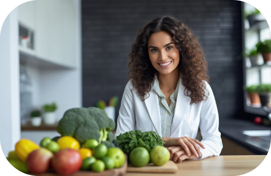 Uma mulher com jaleco está sentada a uma mesa com frutas e legumes.