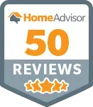 A home advisor 50 reviews badge with three stars on it.