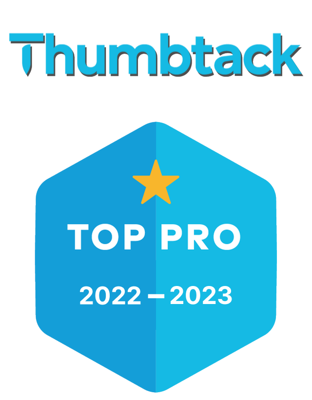 A logo for thumbtack with a blue shield on a white background.