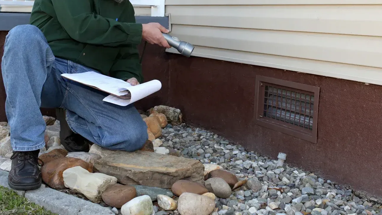 A man is kneeling down in front of a house holding a clipboard.