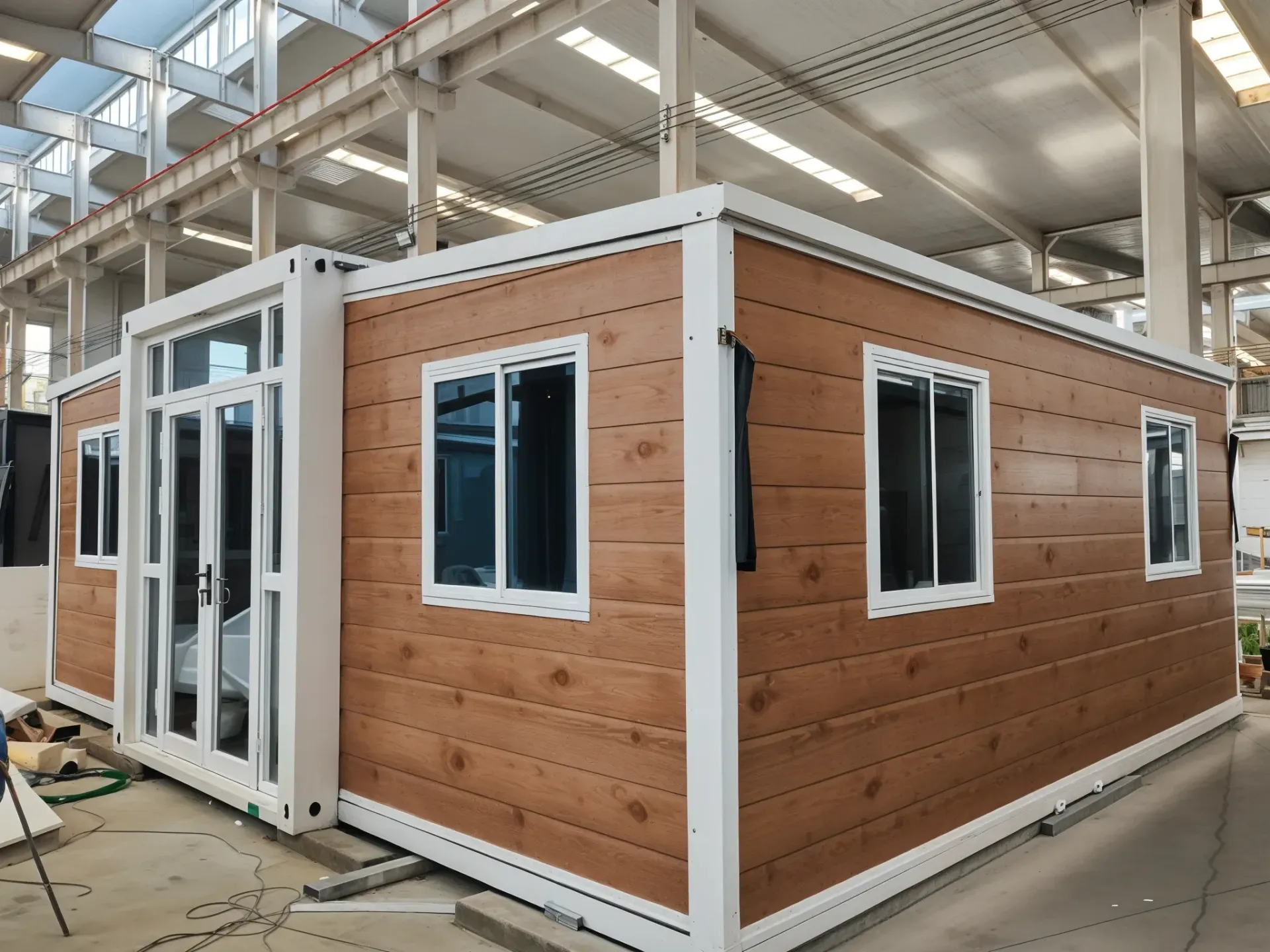 Modular cabin with brown wood-look siding, white windows and door, and a white frame, in a warehouse Expandable Homes in Queensland — Expandable Housing in Inala, QLD
