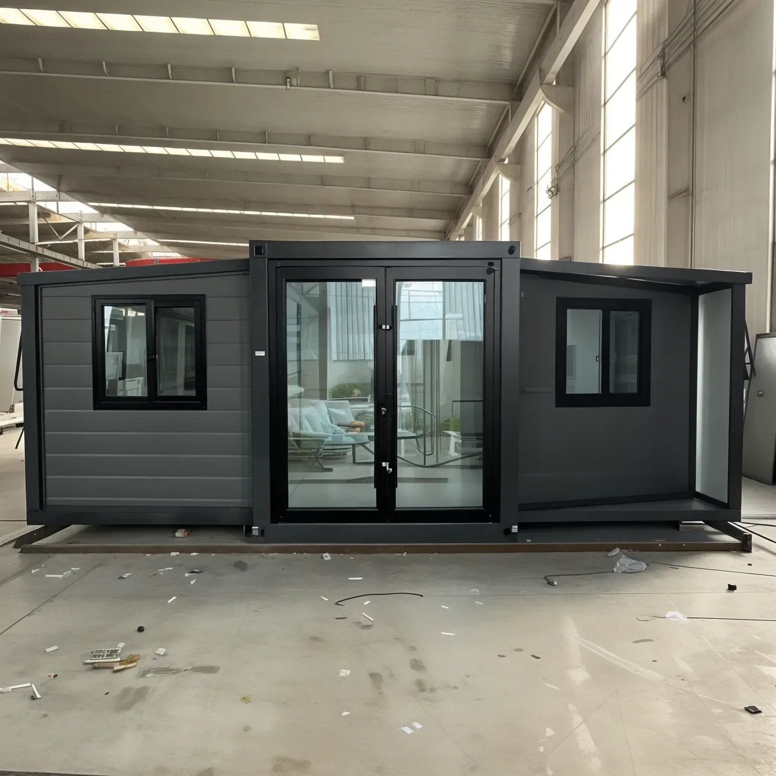 Gray, modular building with glass doors, windows, and two side panels extending outward. — Expandable Housing in Inala, QLD