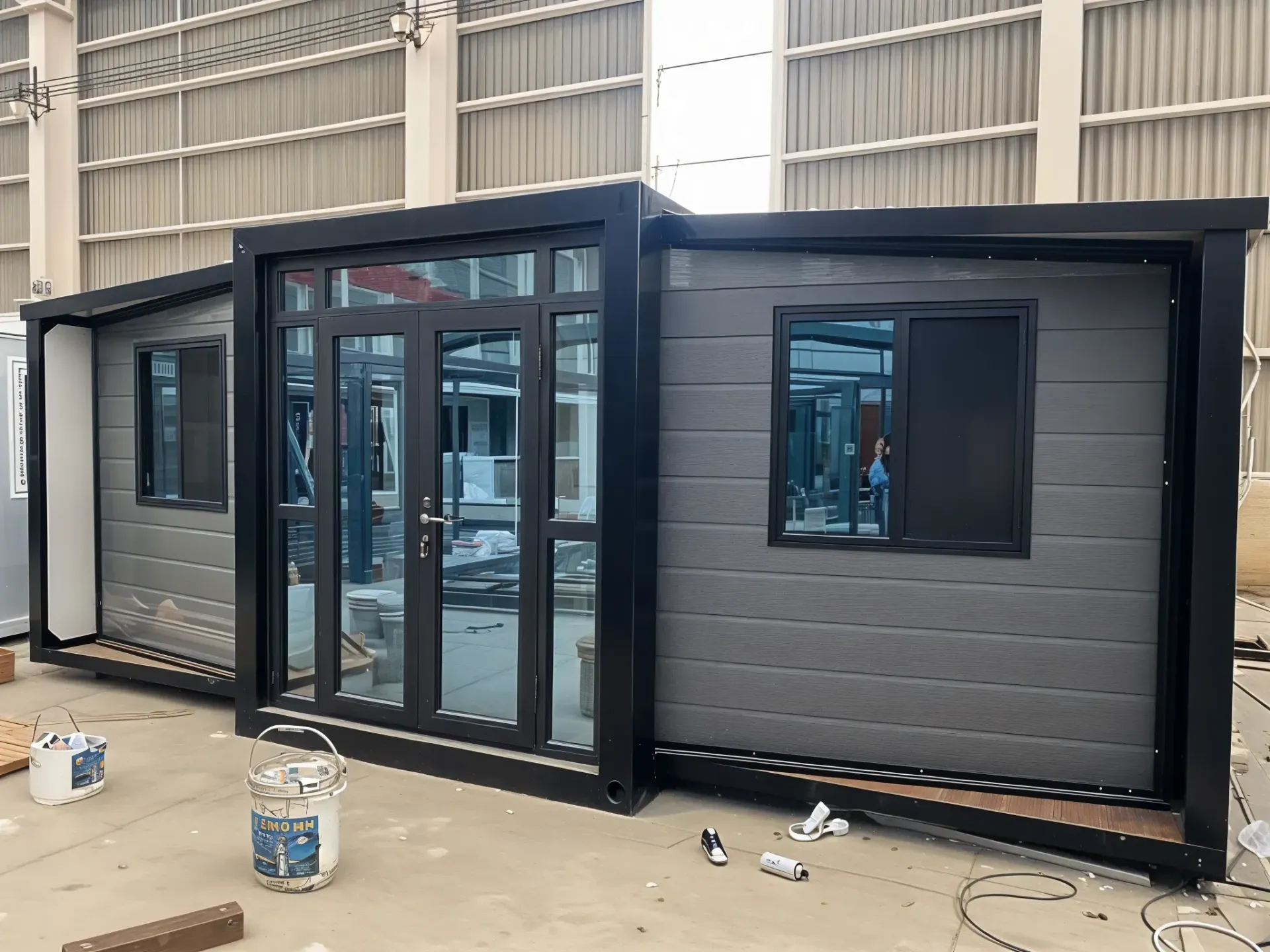 Modular building with gray siding, black window frames, and glass doors, indoors. — Expandable Housing in Inala, QLD