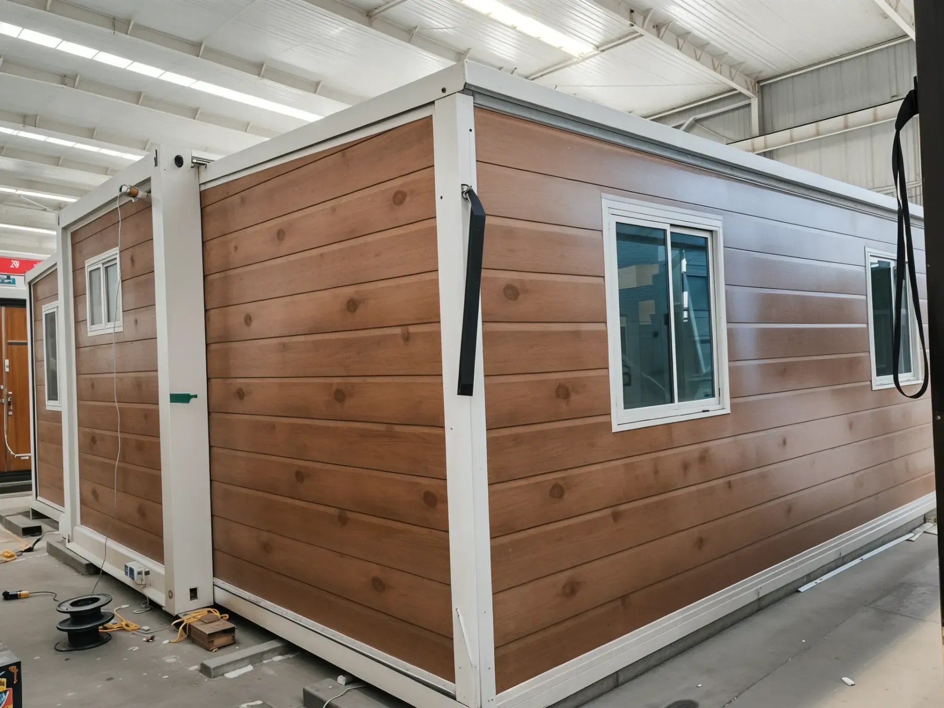 Brown modular building with white trim, windows, and open door in a factory setting. — Expandable Housing in Inala, QLD