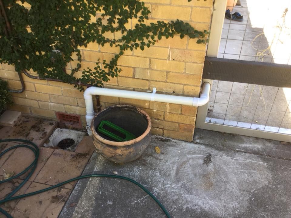 White Pipes Drain Water Into a Large Pot Next to a Brick Wall With Ivy — Huddo's Plumbing Service in Hunter Valley, NSW