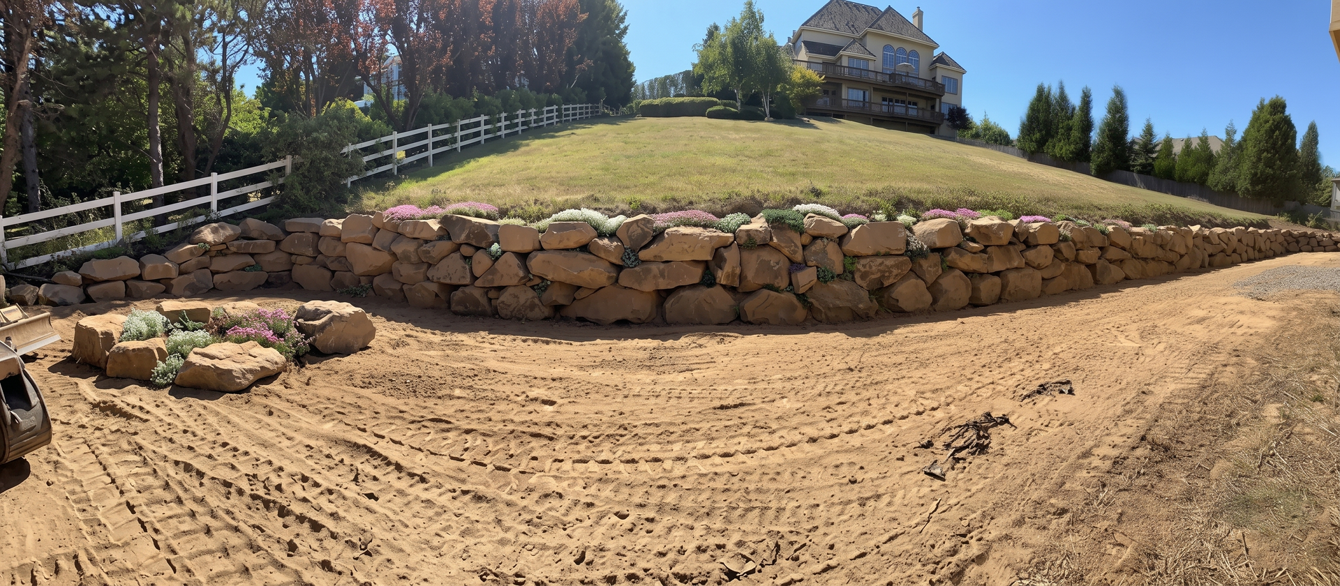 Stone retaining wall beside a sandy path on a sunny hillside with a house and trees above