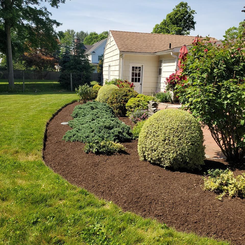 A lush green yard with a house in the background