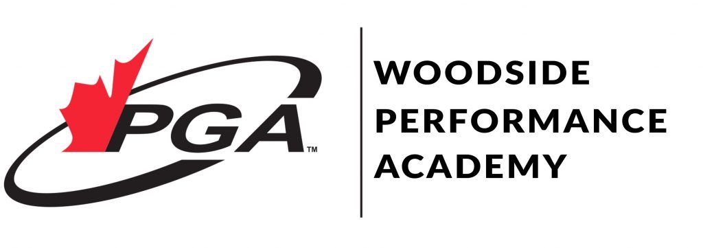 Logo for Woodside Performance Academy: PGA logo with a red Canadian maple leaf and text 