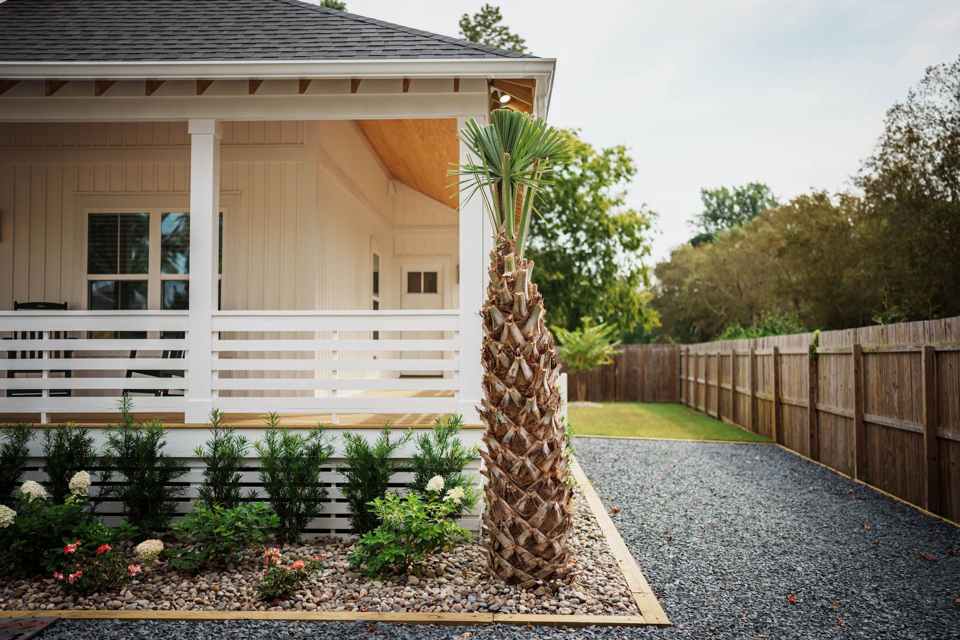 A white house with a porch and a palm tree in front of it