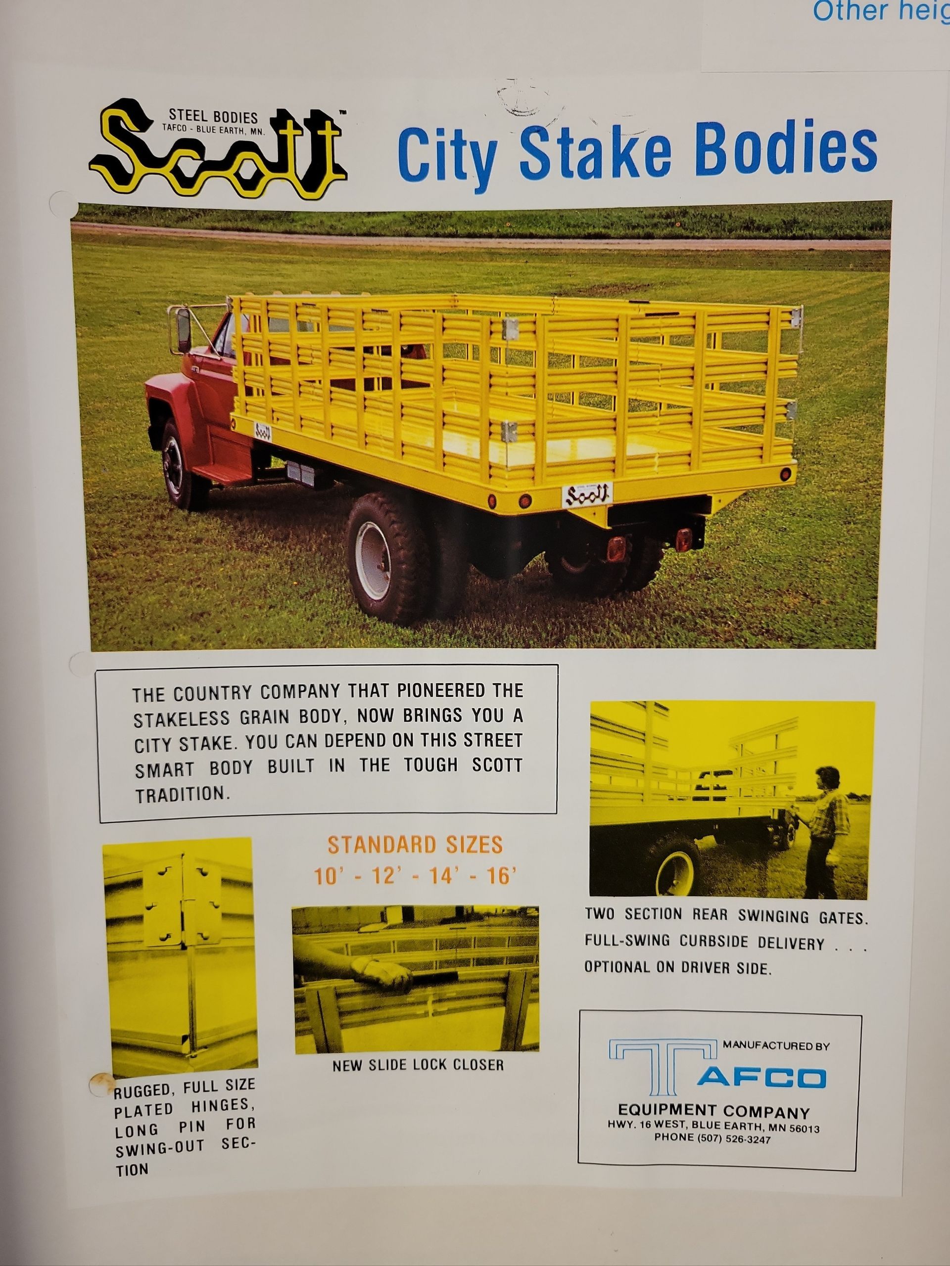 An advertisement for city stake bodies shows a yellow truck