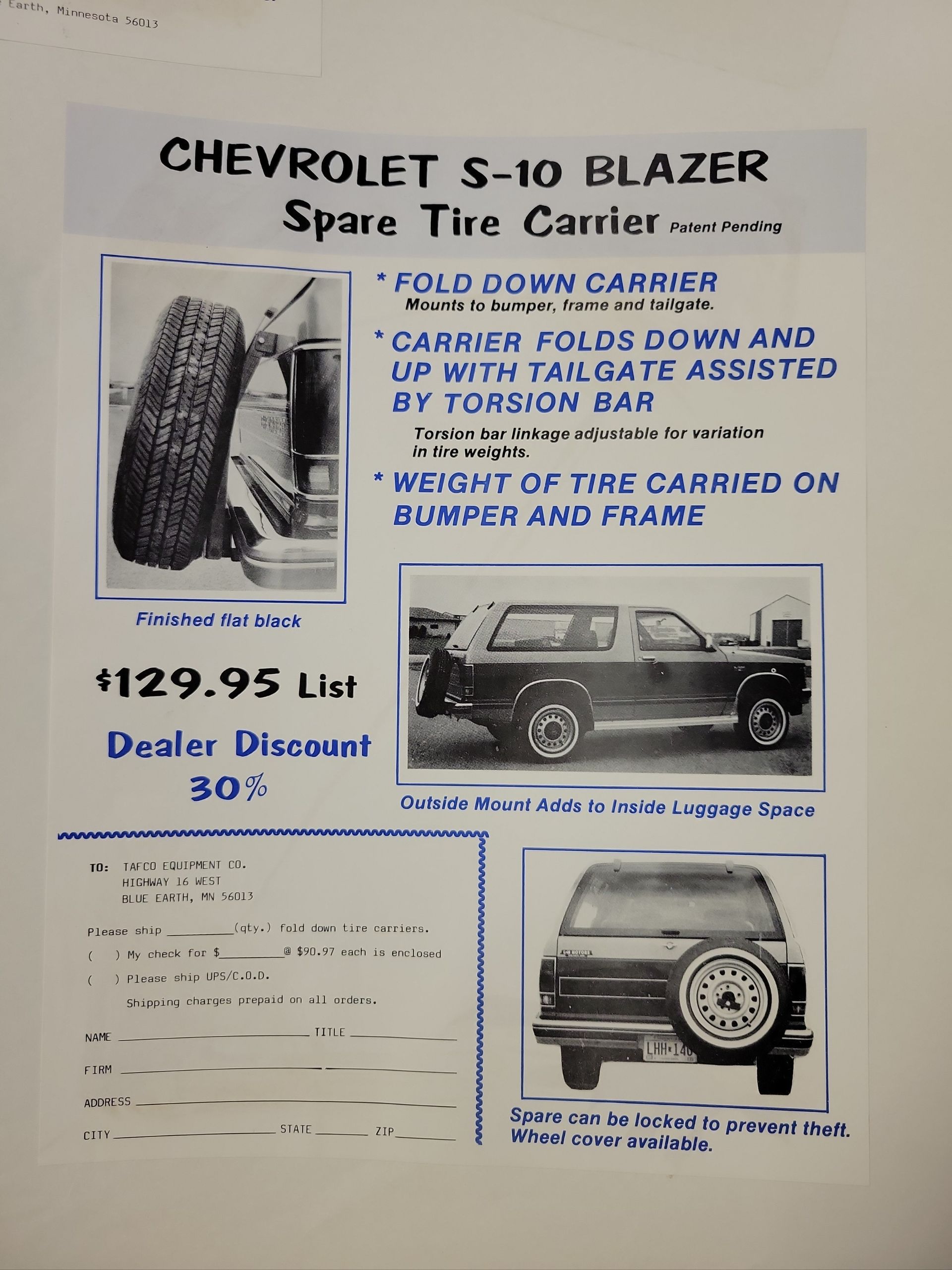 An advertisement for a chevrolet s-10 blazer spare tire carrier