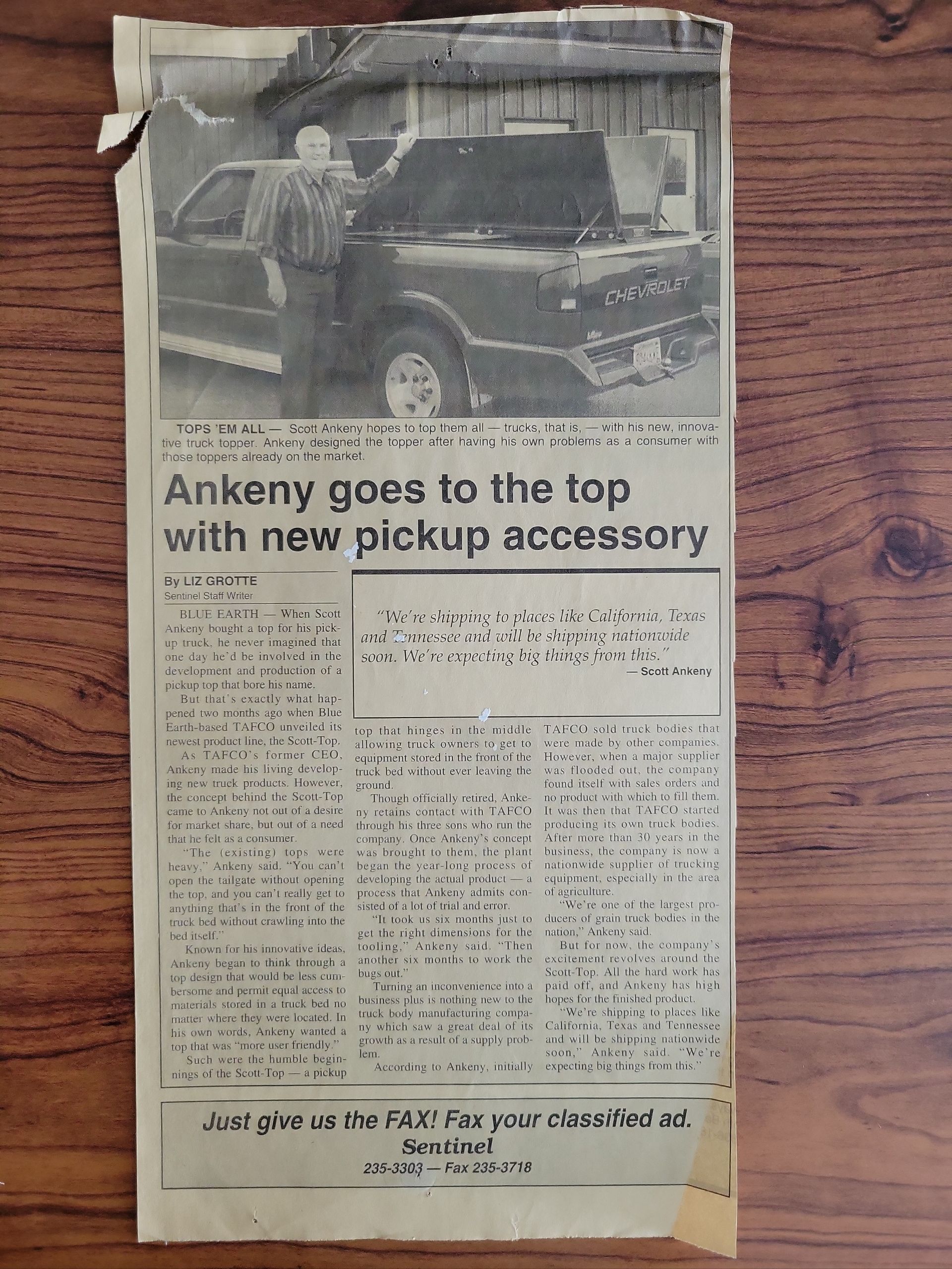 A newspaper article about ankany going to the top with new pickup accessory