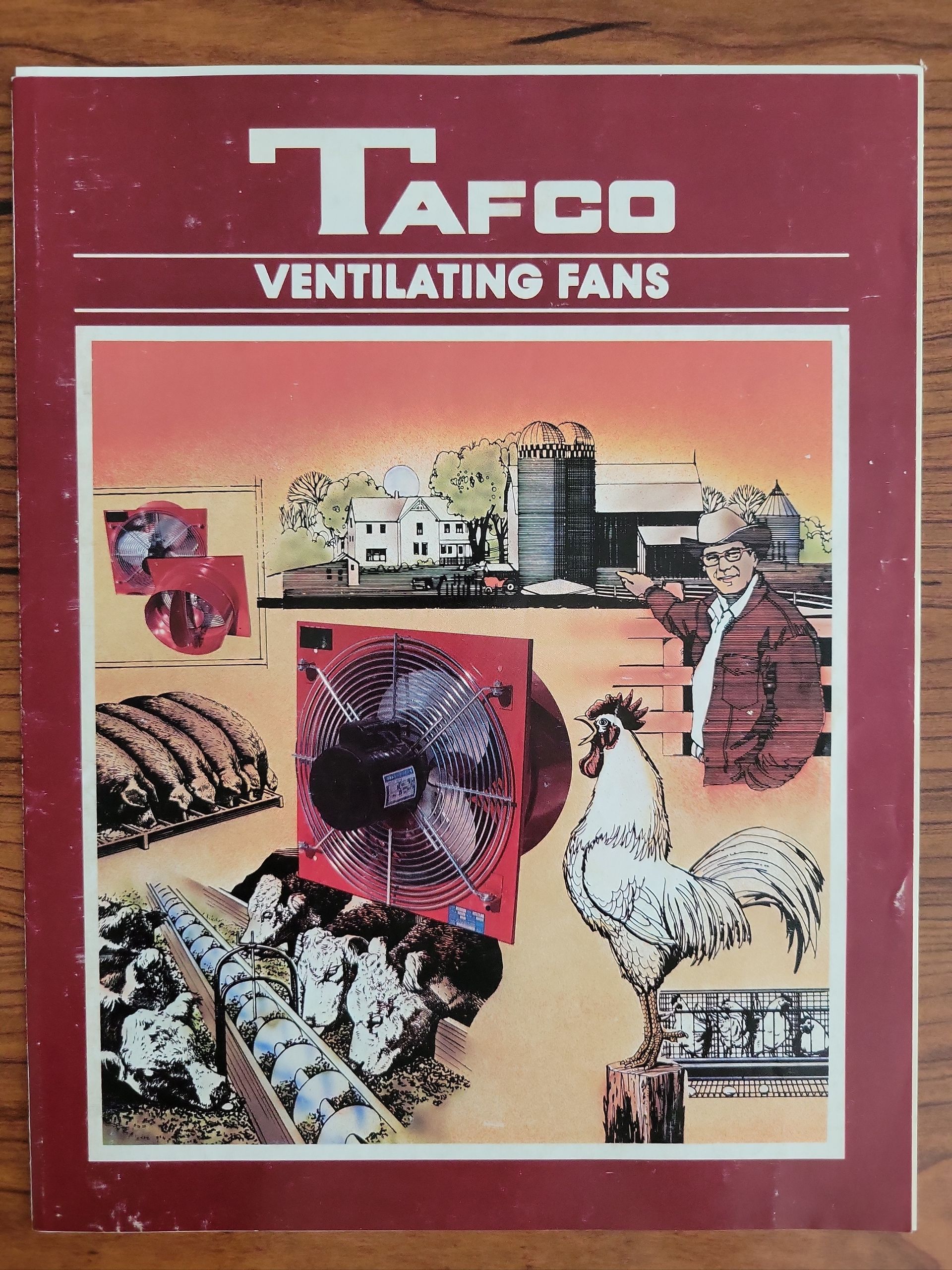 A book titled tafco ventilating fans with a rooster on the cover