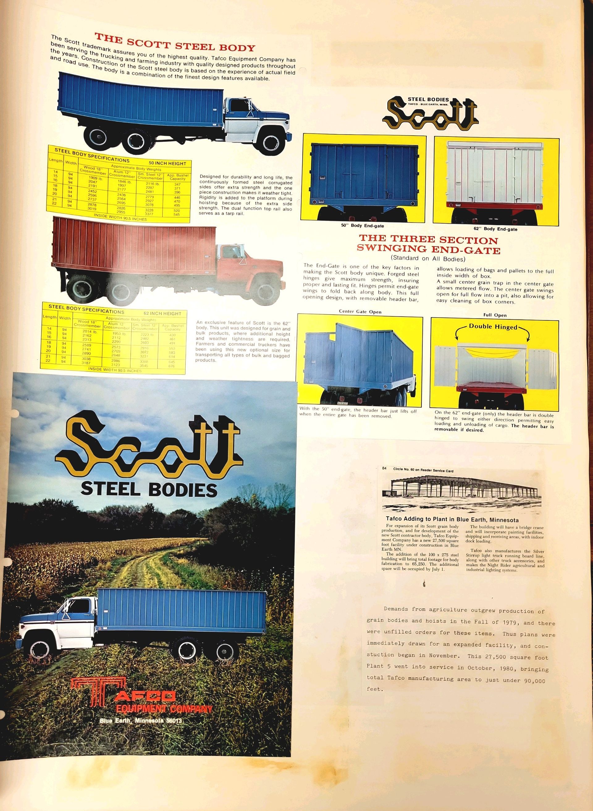 A book is open to an advertisement for scott steel trucks