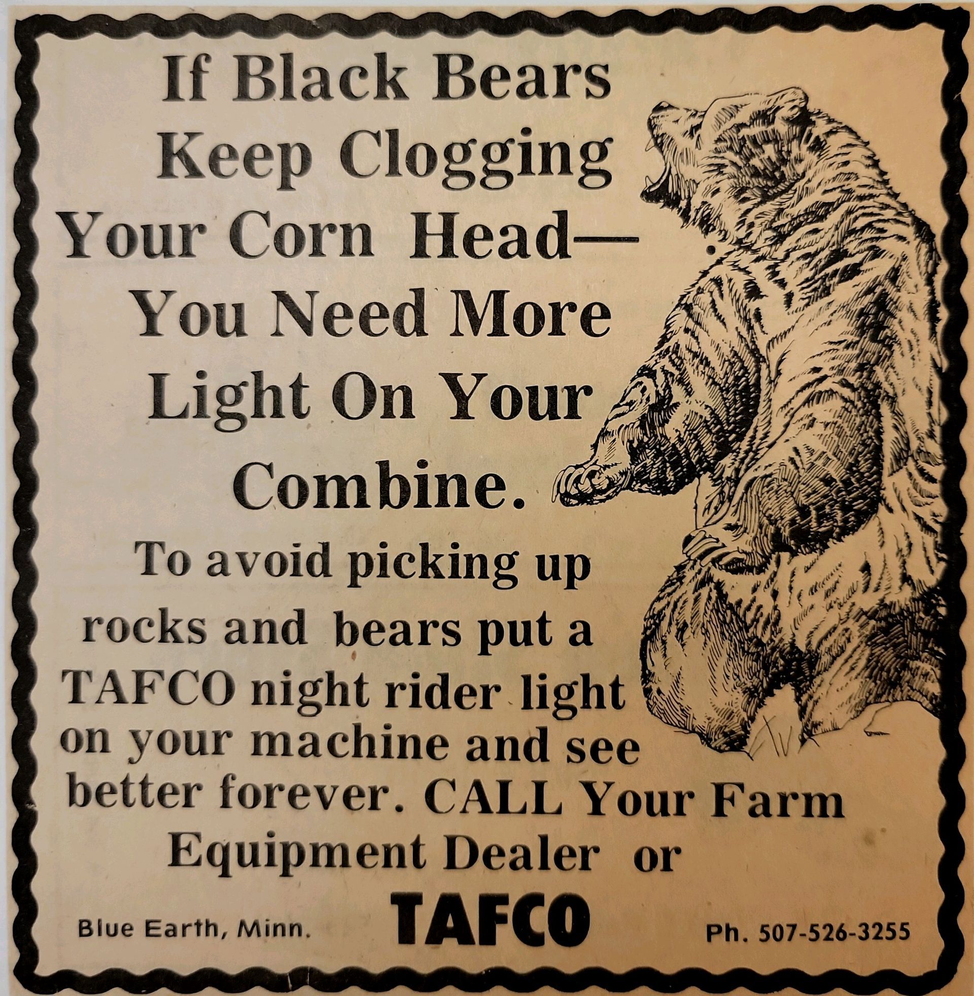 A black and white advertisement for tafco equipment