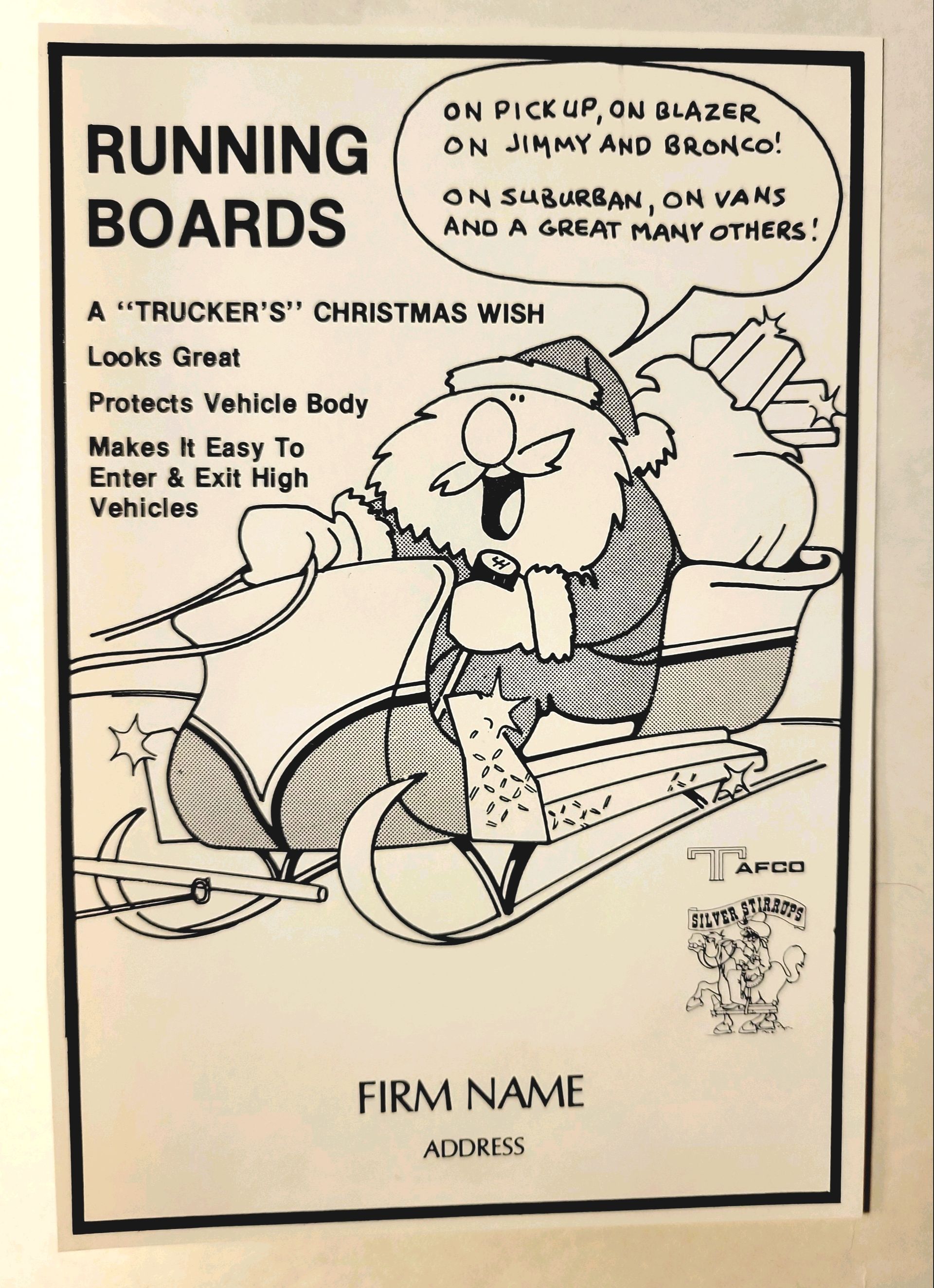 An advertisement for running boards with a cartoon of santa on a sled