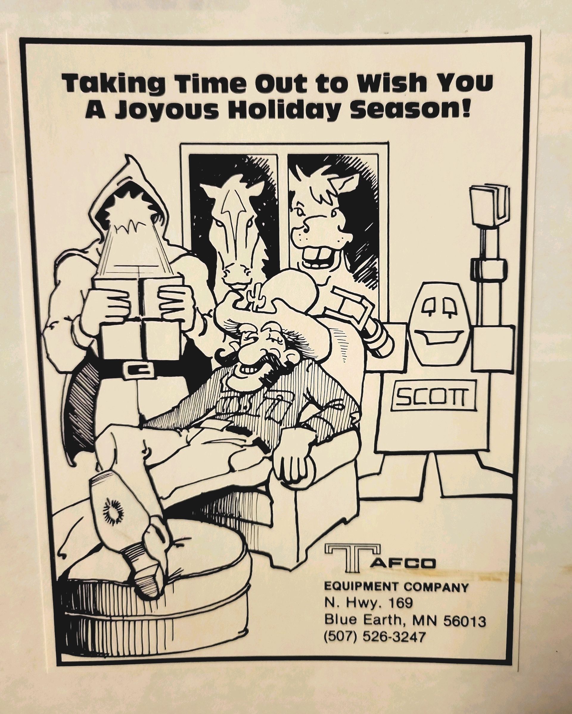 A black and white drawing says taking time out to wish you a joyous holiday season