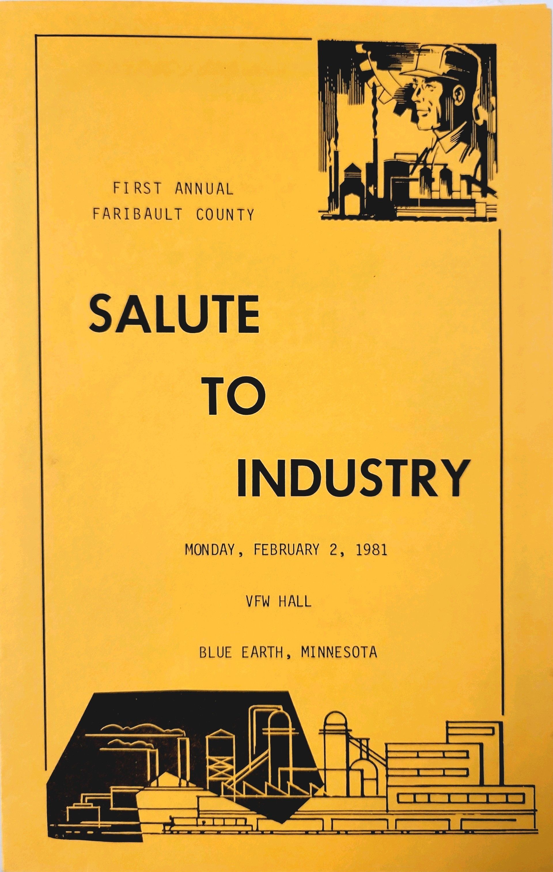 A yellow book is titled salute to industry